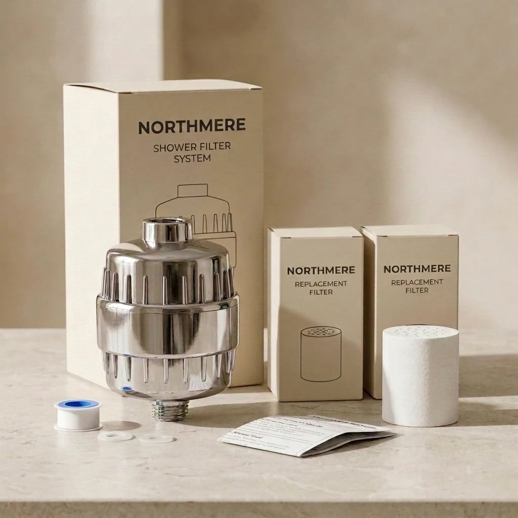 Northmere Shower Filter System with its packaging, replacement filters and installation accessories